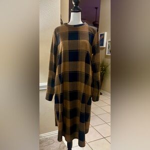Plaid Long Sleeve Dress - Brown and Navy